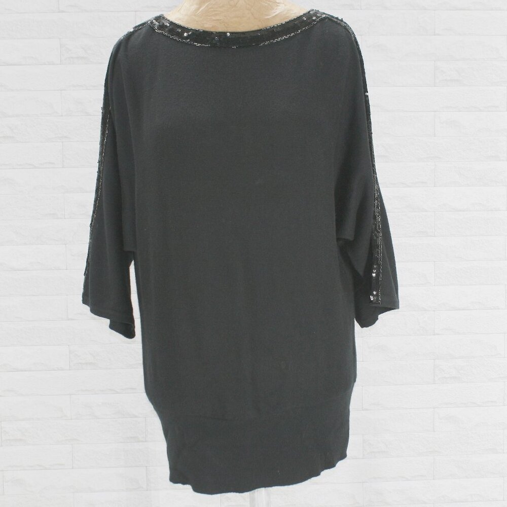TALBOTS Sweater Sequin Tunic Oversized Cropped Sleeve Coctail Party Black M